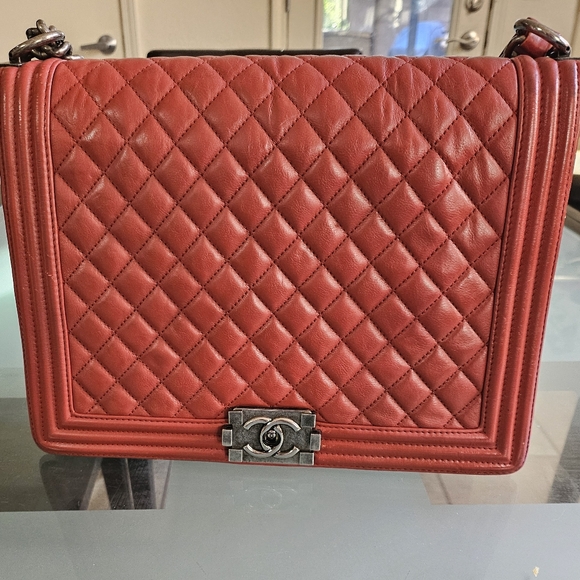 CHANEL XL Red Leather Boy Chain Link Shoulder Crossbody Bag Purse Diamond - Picture 4 of 16